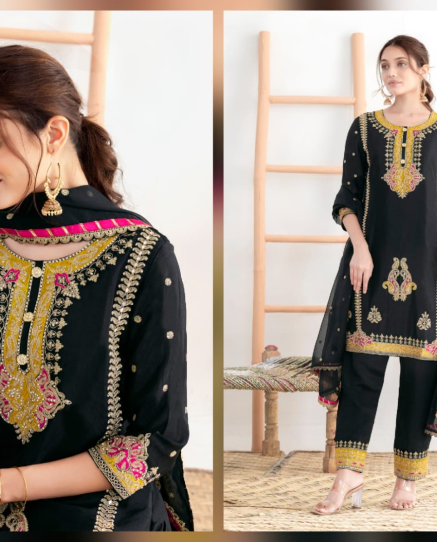 BLACK - Black Embroidered Chinnon Pant Kameez for Festival